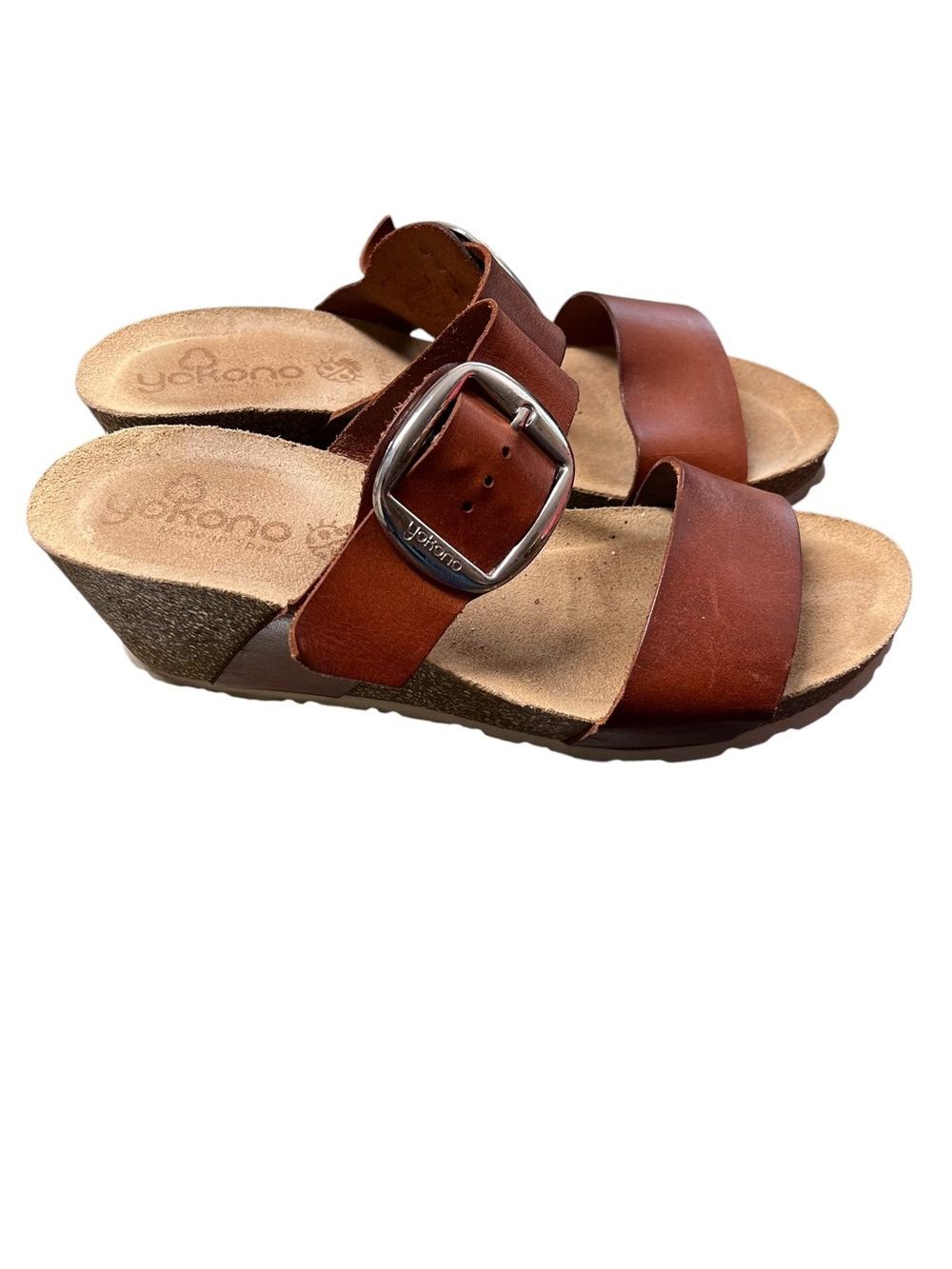 Yokono NWOT brown leather two strap wedge sandals boho